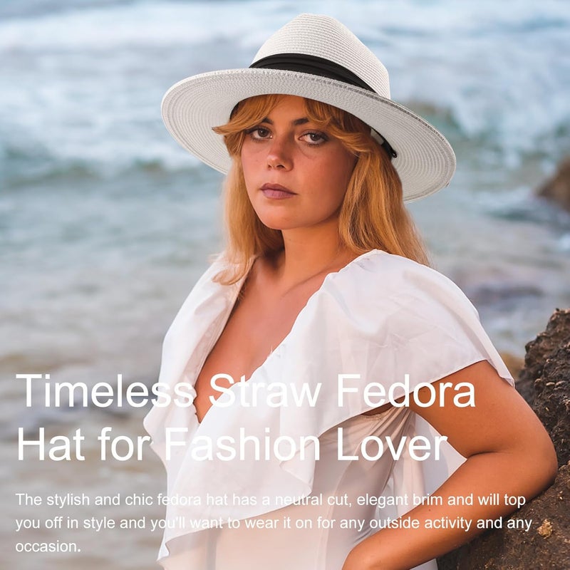 DRESHOW Women Straw Panama Hat Travel Fedora Beach Sun Hat Summer Wide Brim Straw Roll up Hat UPF 50+ - Image 2